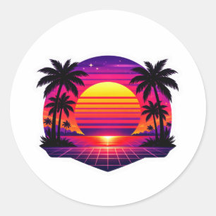 Redondo Adesivo de Palma Sunset Retro 80s Synthwave