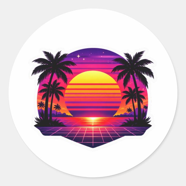 Redondo Adesivo de Palma Sunset Retro 80s Synthwave (Frente)