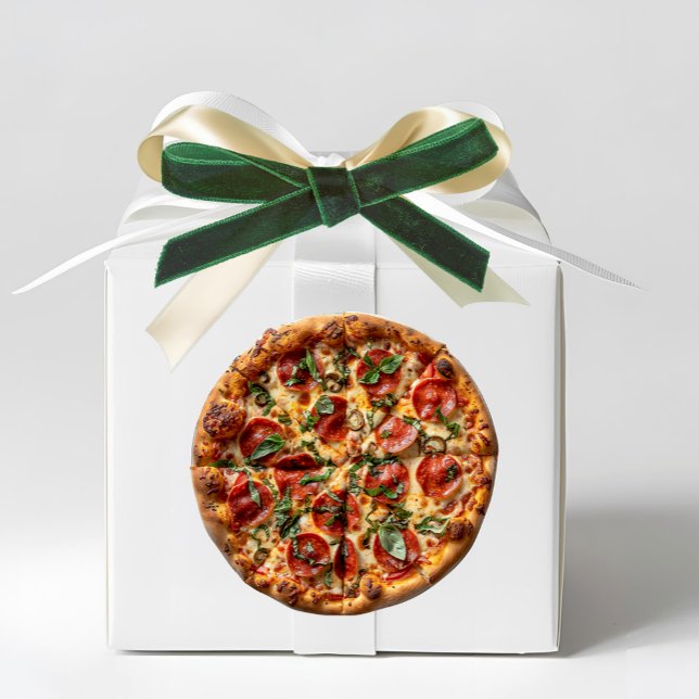 Redondo Adesivo de Pizza de Pepperoni com Manjericão (Pepperoni and Basil Pizza Sticker - Italian & Sicilian Heritage Gift Favor accent)