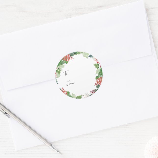 Redondo Adesivo de Presente Botânico de Feriado (Watercolor Greenery and Red Berries Holiday Botanical Gift Sticker by Painted Paperie
)
