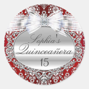 Redondo Adesivo de Quinceanera Arco Vermelho e Prata