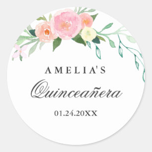 Redondo Adesivo de Quinceanera com Aquarela Floral Botânic