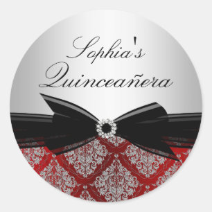 Redondo Adesivo de Quinceanera com Damasco Vermelho e Laço