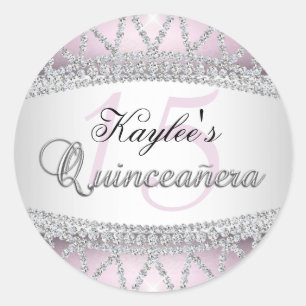 Redondo Adesivo de Quinceanera com Diamante Prata e Rosa