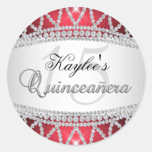 Redondo Adesivo de Quinceanera com Diamante Prata e Vermel