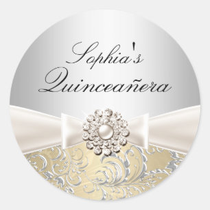 Redondo Adesivo de Quinceanera com Redemoinho de Prata e L