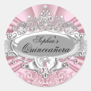 Redondo Adesivo de Quinceanera com Tiara Rosa e Damasco