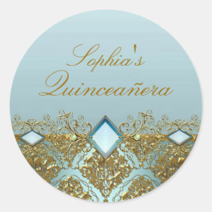 Redondo Adesivo de Quinceanera Damasco Dourado e Joia