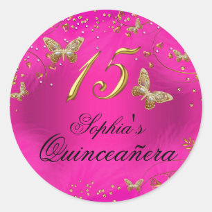 Redondo Adesivo de Quinceanera de Borboleta Rosa e Dourado