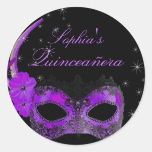 Redondo Adesivo de Quinceanera de Mascarada Roxo e Preto