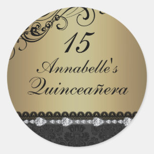 Redondo Adesivo de Quinceanera Dourado Diamante & Damask