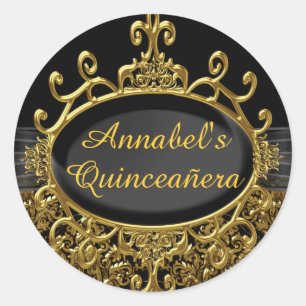 Redondo Adesivo de Quinceanera em Damasco de Ouro e Preto
