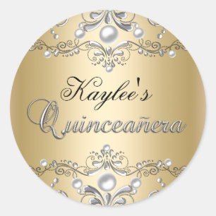 Redondo Adesivo de Quinceanera em Damasco de Pérola Prata
