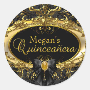 Redondo Adesivo de Quinceanera em Damasco Dourado e Preto