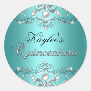 Redondo Adesivo de Quinceanera em Damasco Prata e Azul Tur