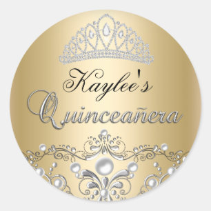 Redondo Adesivo de Quinceanera em Damasco Prateado e Doura
