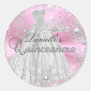 Redondo Adesivo de Quinceanera Floco de Neve Brilho Rosa