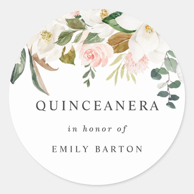Redondo Adesivo de Quinceanera Floral Branco e Rosa Formos (Frente)