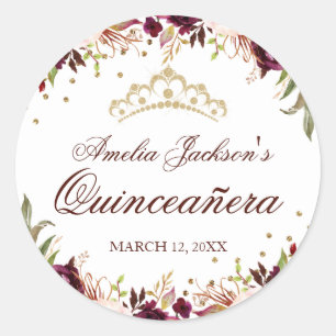 Redondo Adesivo de Quinceanera Floral Dourado Burgundy Ele