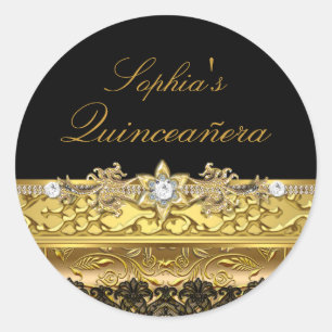 Redondo Adesivo de Quinceanera Floral Dourado e Renda