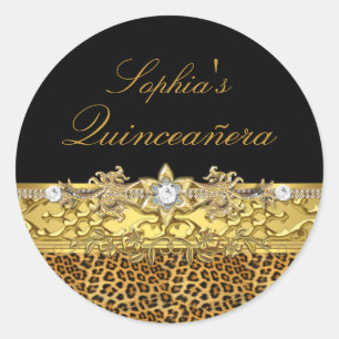 Redondo Adesivo de Quinceanera Leopardo Preto e Dourado