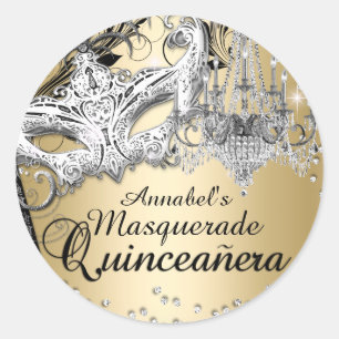 Redondo Adesivo de Quinceanera Máscara Dourada
