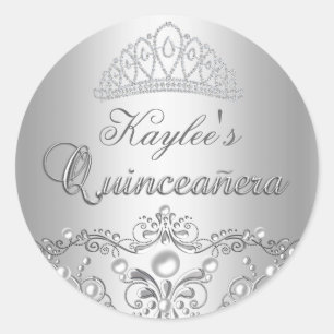 Redondo Adesivo de Quinceanera Pérola em Damasco Prata