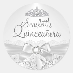 Redondo Adesivo de Quinceanera Pretty Tiara & Bow Prata