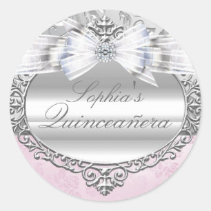 Redondo Adesivo de Quinceanera Rosa e Prata
