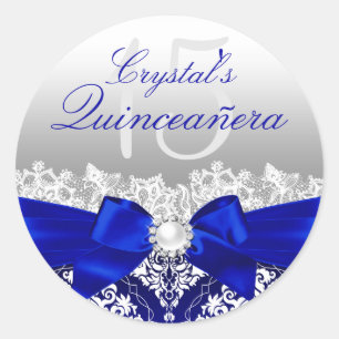 Redondo Adesivo de Quinceanera Royal Blue Damask & Pearl B