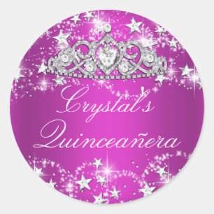 Redondo Adesivo de Quinceanera Tiara Brilho Rosa Vibrante 