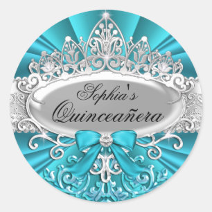 Redondo Adesivo de Quinceanera Tiara Teal & Damask