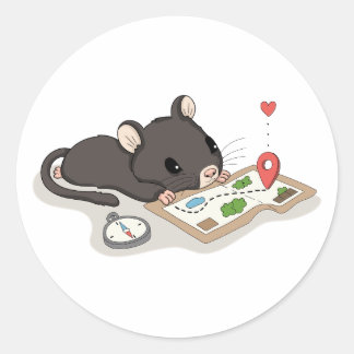 Redondo Adesivo de Rato Fofo Lendo um Mapa do Tesouro de A