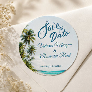 Redondo Adesivo de Salve a Data de Casamento na Praia Trop