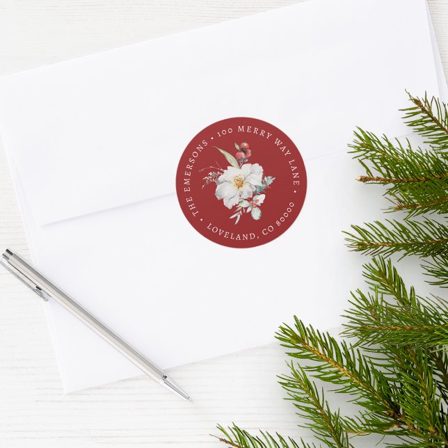 Redondo Adesivo de Selagem de Envelope Botânico de Natal (Red Holiday Return Address Envelope Seal Merry Christmas Watercolor Floral Botanical Berries)
