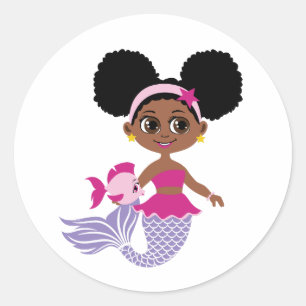 Redondo Adesivo de Sereia Afro Puff para Lembrancinhas de
