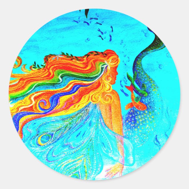 Redondo adesivo de sereia de cabelos-arco-íris (Frente)