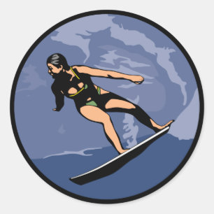 Redondo adesivo de surfista feminina