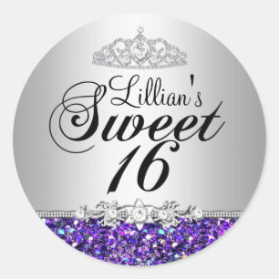 Redondo Adesivo de Tiara Sweet 16 com Brilho Roxo e Diaman