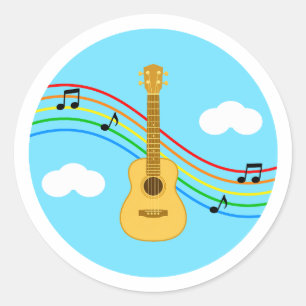 Redondo Adesivo de Ukulele Céu Arco-íris Música Crianças