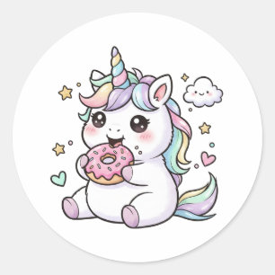 Redondo Adesivo de Unicórnio Kawaii Fofo Comendo Donut