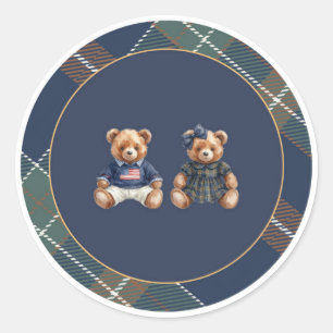 Redondo Adesivo de Urso Teddy Preppy Xadrez Azul-Marinho