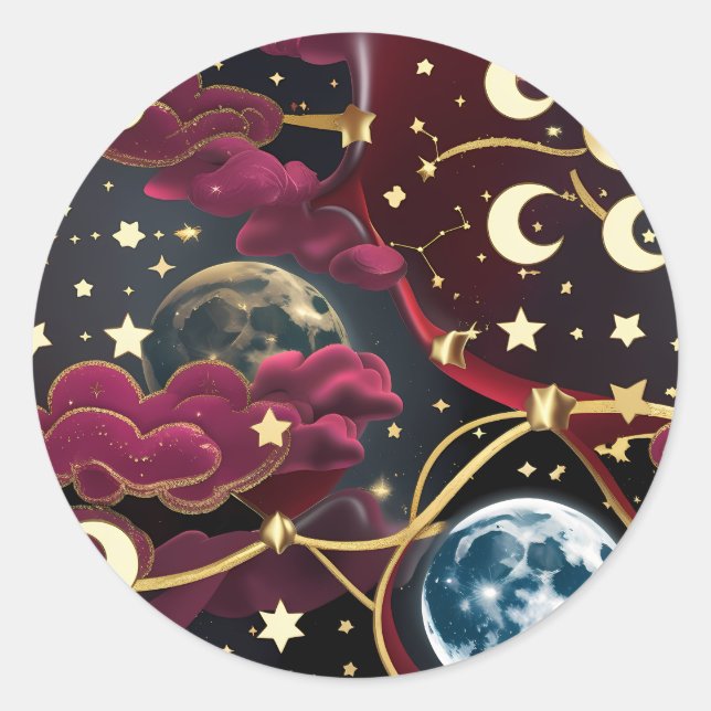 Redondo Adesivo - Design da Lua Celestial Vermelha Mística (Frente)