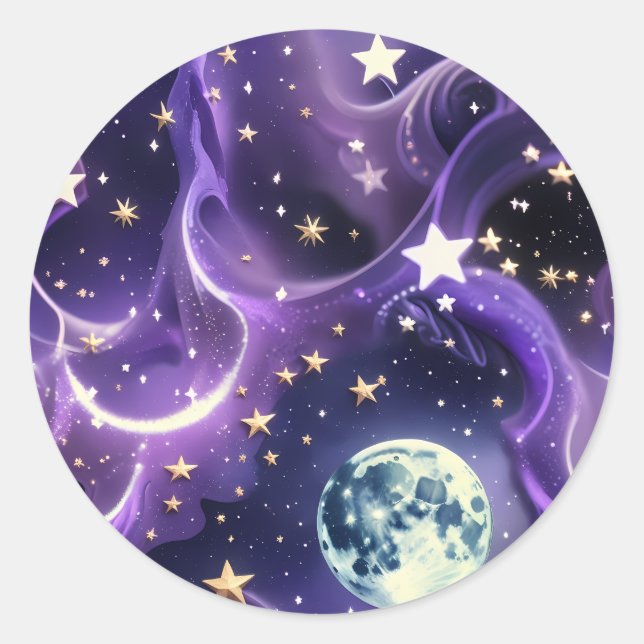 Redondo Adesivo - Design de Fases da Lua Celestial Roxa (Frente)
