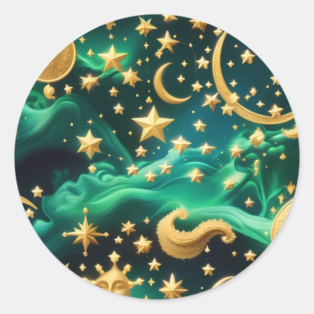 Redondo Adesivo - Design de Lua Celestial Esmeralda Luxuos (Frente)