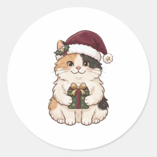 Redondo Adesivo do Gato de Papai Noel Carregando Presente