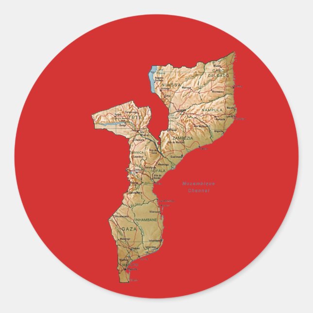 Redondo Adesivo do Mapa de Moçambique (Frente)