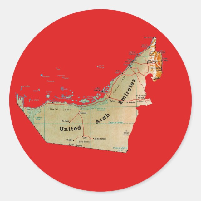 Redondo Adesivo do Mapa dos Emirados Árabes Unidos (Frente)