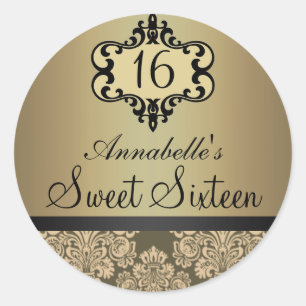 Redondo Adesivo Elegante Dourado Chic Damask Sweet 16