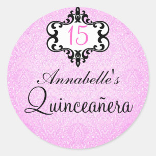 Redondo Adesivo Elegante Quinceañera Damasco Rosa/Preto